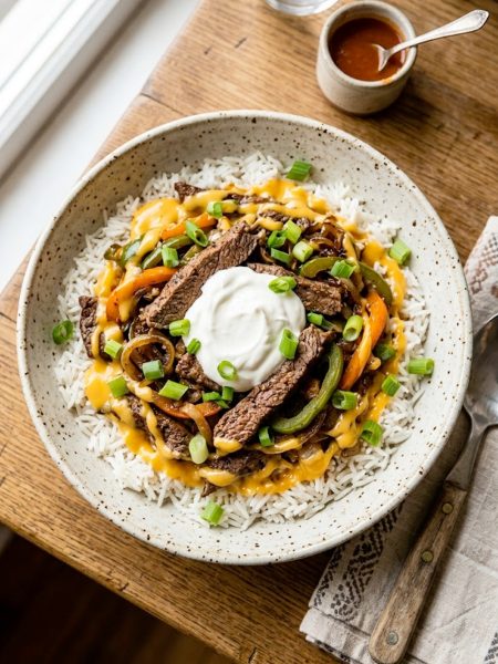 High protein Philly cheesesteak bowl with tender seasoned beef strips sauteed peppers and onions over fluffy rice drizzled with glossy melted cheddar cheese sauce and topped with sour cream and spring onions in a speckled ceramic bowl