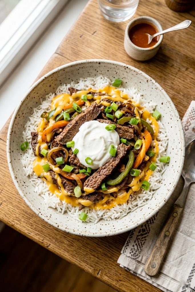 High protein Philly cheesesteak bowl with tender seasoned beef strips sauteed peppers and onions over fluffy rice drizzled with glossy melted cheddar cheese sauce and topped with sour cream and spring onions in a speckled ceramic bowl