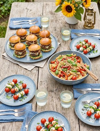A spread of picnic-style cold meals on a wooden outdoor table including mini sliders, pasta salad, and caprese skewers