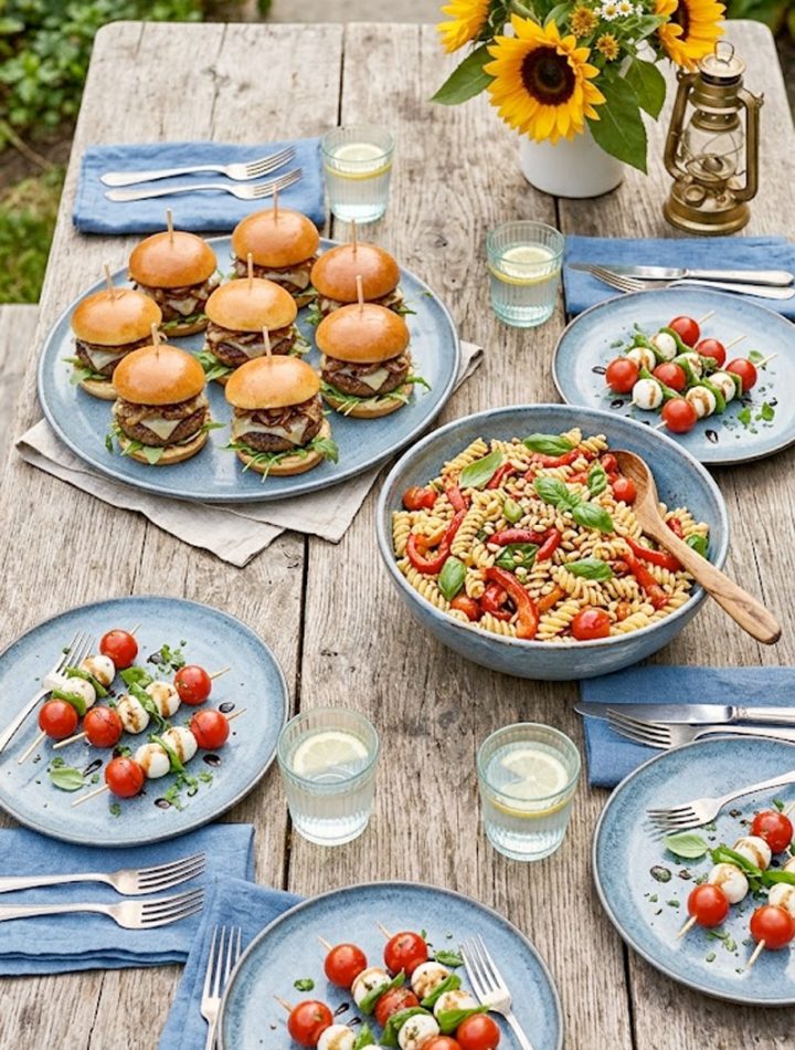 A spread of picnic-style cold meals on a wooden outdoor table including mini sliders, pasta salad, and caprese skewers