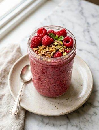 A clear glass jar of raspberry chia seed pudding topped with fresh raspberries and crunchy granola on a light beige plate with soft natural light