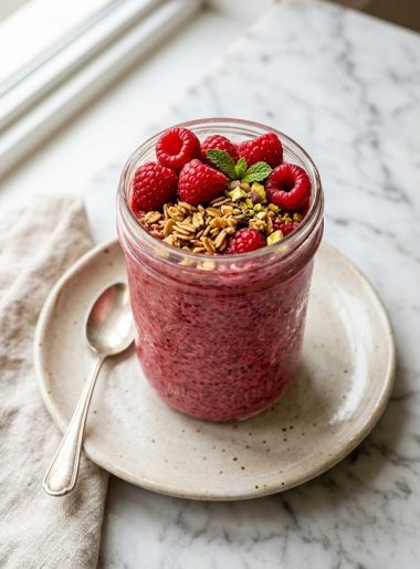 A clear glass jar of raspberry chia seed pudding topped with fresh raspberries and crunchy granola on a light beige plate with soft natural light