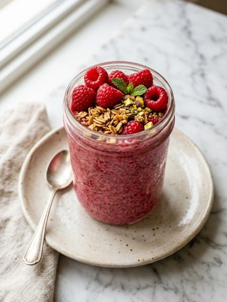 A clear glass jar of raspberry chia seed pudding topped with fresh raspberries and crunchy granola on a light beige plate with soft natural light