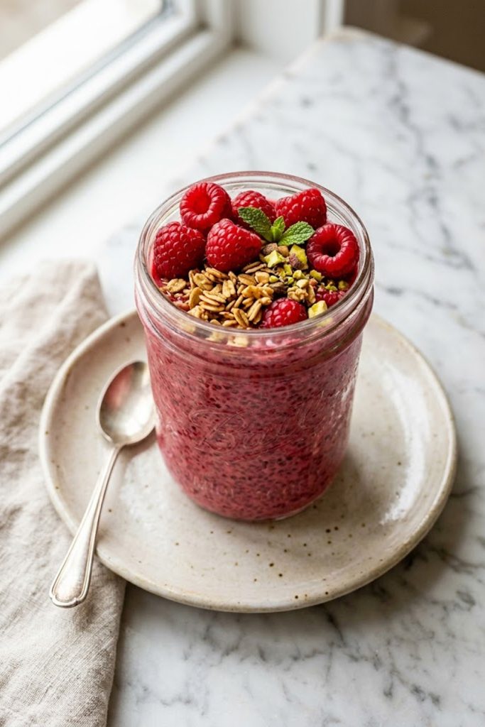 A clear glass jar of raspberry chia seed pudding topped with fresh raspberries and crunchy granola on a light beige plate with soft natural light