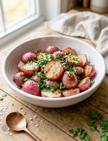 Golden roasted radishes with melted butter and flaky sea salt in a white ceramic bowl garnished with fresh parsley