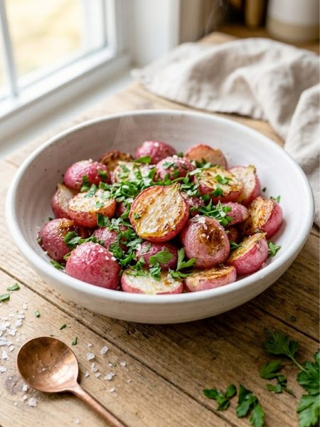 Golden roasted radishes with melted butter and flaky sea salt in a white ceramic bowl garnished with fresh parsley