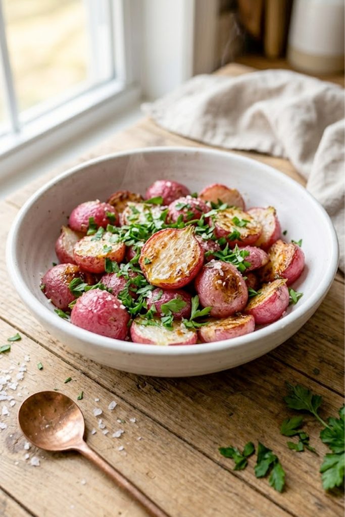 Golden roasted radishes with melted butter and flaky sea salt in a white ceramic bowl garnished with fresh parsley