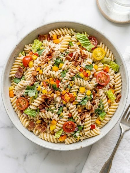A large serving bowl of simple ranch BLT pasta salad filled with rotini pasta, crispy bacon, halved cherry tomatoes, chopped romaine lettuce, and colorful bell peppers coated in creamy ranch dressing
