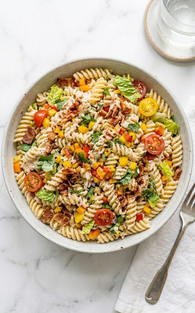 A large serving bowl of simple ranch BLT pasta salad filled with rotini pasta, crispy bacon, halved cherry tomatoes, chopped romaine lettuce, and colorful bell peppers coated in creamy ranch dressing