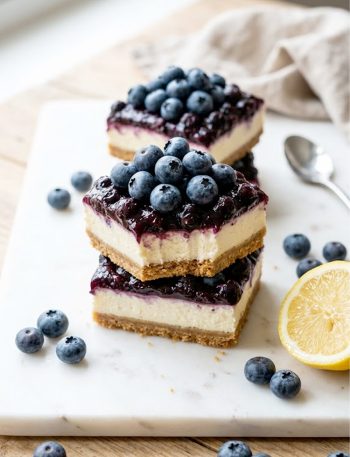 A close-up of lemon blueberry bars with a graham cracker crust, creamy lemon filling, and fresh blueberry topping on a white marble surface