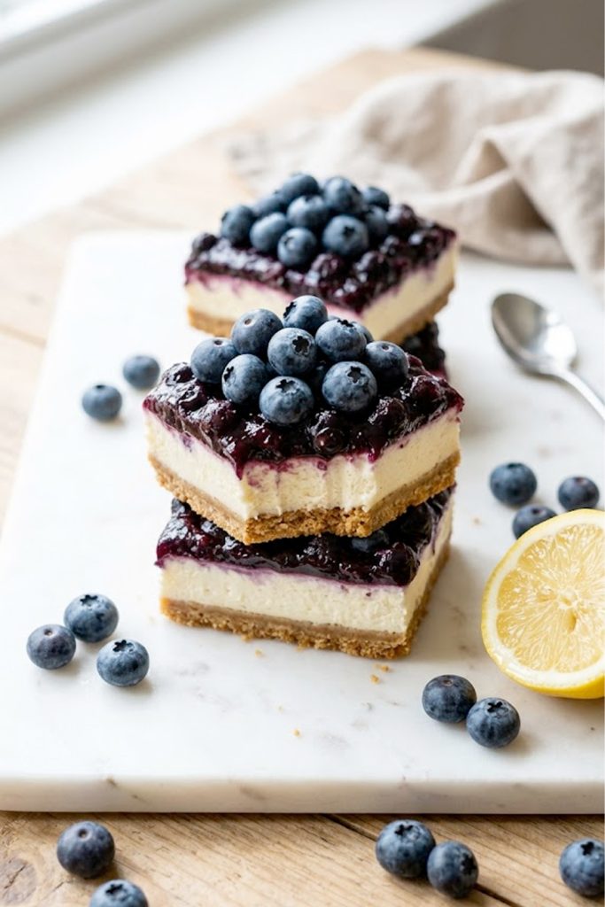 A close-up of lemon blueberry bars with a graham cracker crust, creamy lemon filling, and fresh blueberry topping on a white marble surface