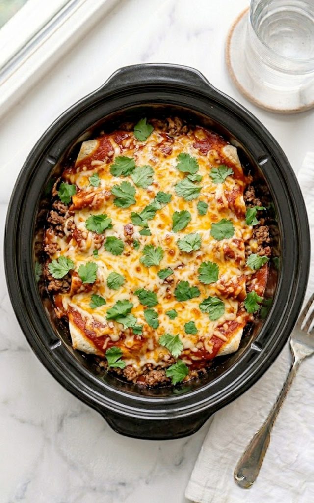 A slow cooker beef enchilada casserole with layers of seasoned ground beef, flour tortillas, melted cheddar cheese, and rich red enchilada sauce served in a black slow cooker