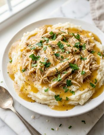 A white plate piled with tender shredded chicken and rich golden gravy served over creamy mashed potatoes garnished with fresh parsley