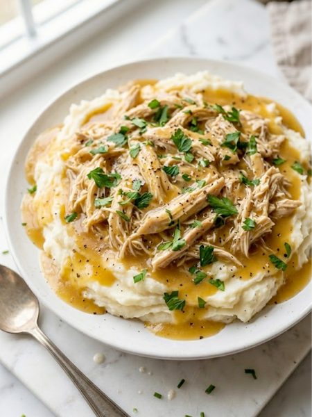 A white plate piled with tender shredded chicken and rich golden gravy served over creamy mashed potatoes garnished with fresh parsley
