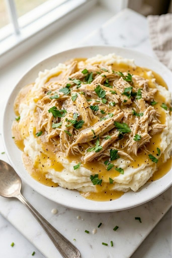 A white plate piled with tender shredded chicken and rich golden gravy served over creamy mashed potatoes garnished with fresh parsley