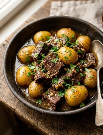A dark ceramic bowl filled with fall-apart tender garlic butter beef chunks and golden baby potatoes coated in a rich dark sauce, garnished with freshly chopped parsley, on a rustic wooden surface
