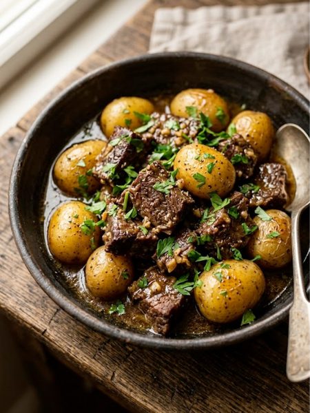 A dark ceramic bowl filled with fall-apart tender garlic butter beef chunks and golden baby potatoes coated in a rich dark sauce, garnished with freshly chopped parsley, on a rustic wooden surface