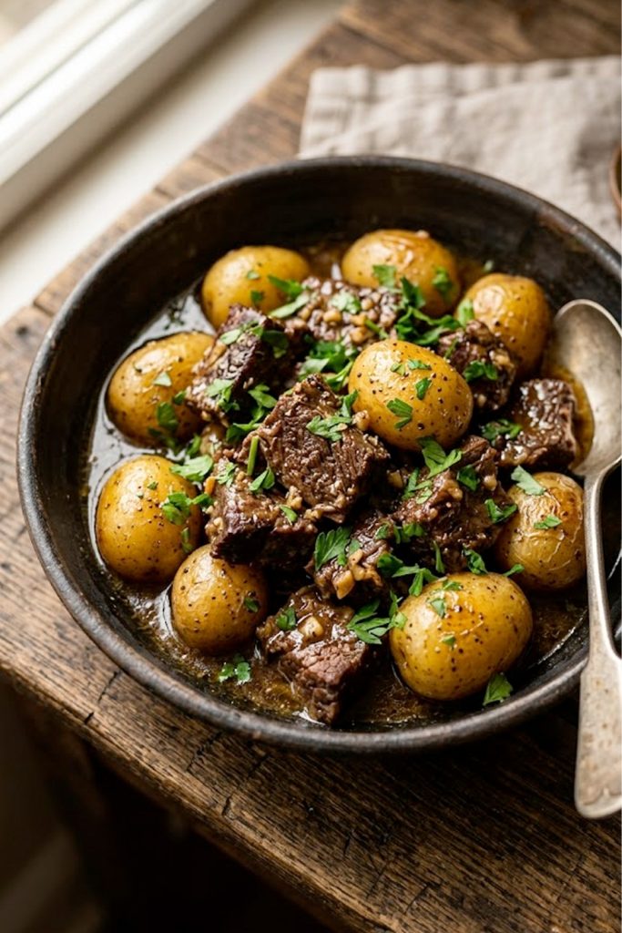 A dark ceramic bowl filled with fall-apart tender garlic butter beef chunks and golden baby potatoes coated in a rich dark sauce, garnished with freshly chopped parsley, on a rustic wooden surface
