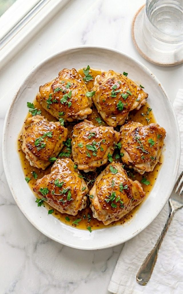 Golden slow cooker honey mustard chicken thighs coated in a rich sweet and tangy honey mustard glaze garnished with fresh parsley on a white serving plate