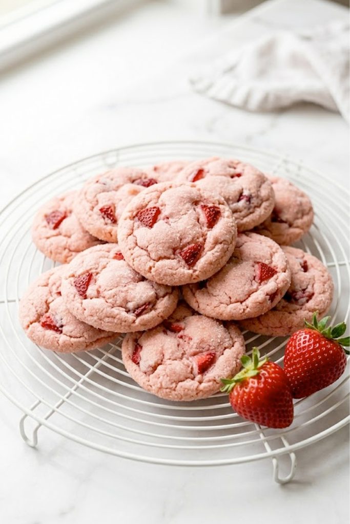 A pile of soft and chewy strawberry cookies with a pink sugary exterior on a white cooling rack with fresh strawberries beside them