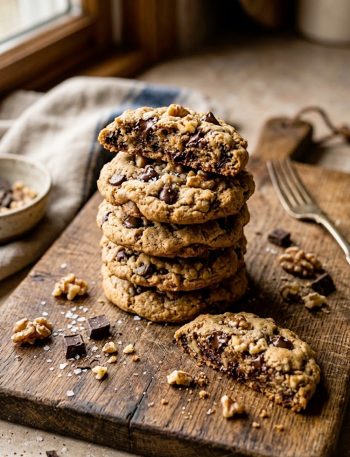 Stack of soft and chewy keto magic cookies with sugar-free chocolate chips and walnuts on a rustic wooden board