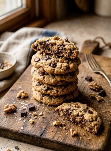 Stack of soft and chewy keto magic cookies with sugar-free chocolate chips and walnuts on a rustic wooden board