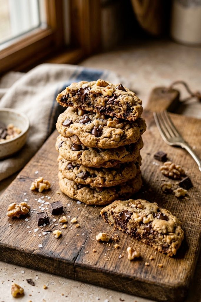 Stack of soft and chewy keto magic cookies with sugar-free chocolate chips and walnuts on a rustic wooden board