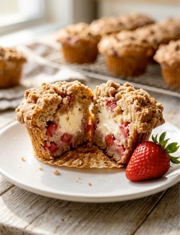 A halved strawberry cream cheese muffin on a white plate showing the creamy cheesecake filling inside with a golden cinnamon streusel topping and fresh strawberries beside it