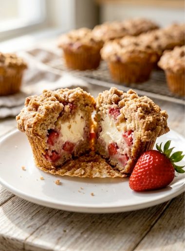 A halved strawberry cream cheese muffin on a white plate showing the creamy cheesecake filling inside with a golden cinnamon streusel topping and fresh strawberries beside it
