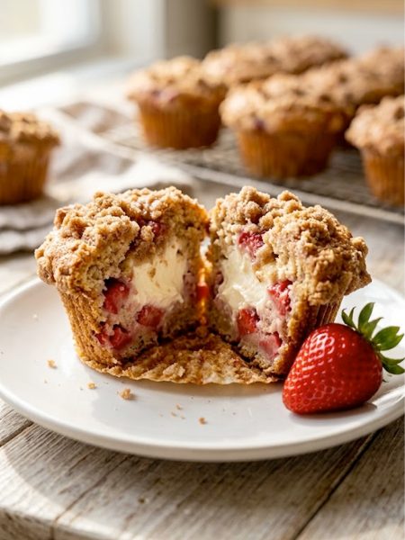 A halved strawberry cream cheese muffin on a white plate showing the creamy cheesecake filling inside with a golden cinnamon streusel topping and fresh strawberries beside it