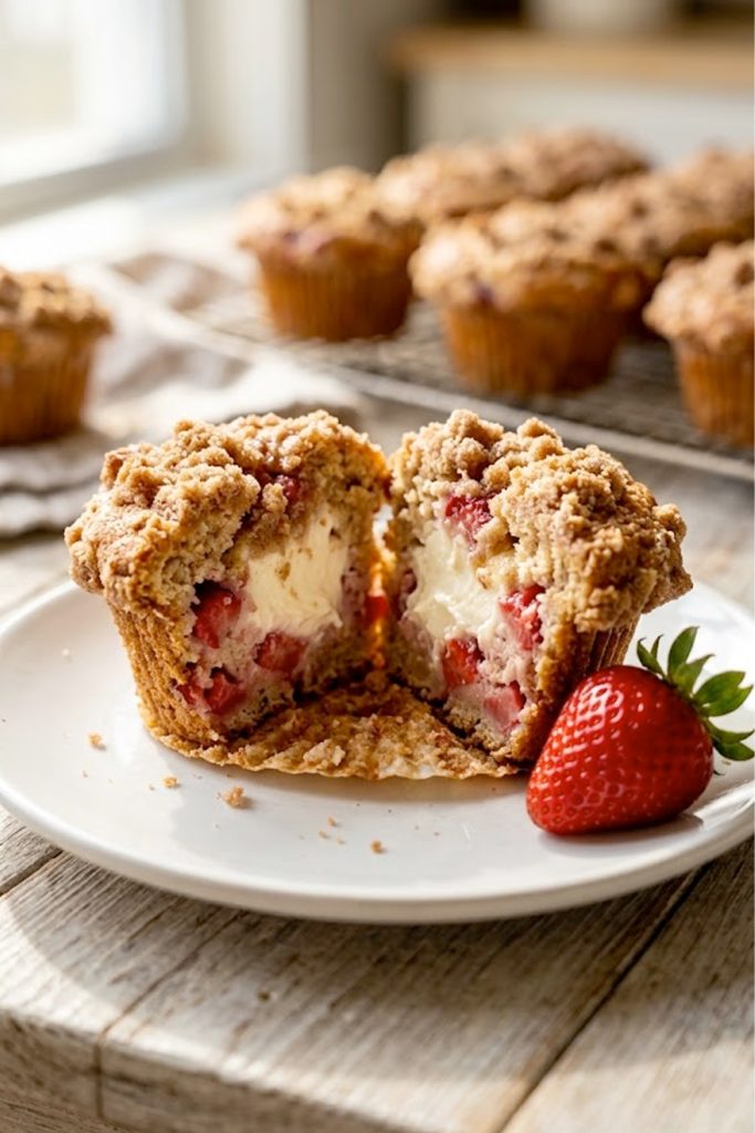 A halved strawberry cream cheese muffin on a white plate showing the creamy cheesecake filling inside with a golden cinnamon streusel topping and fresh strawberries beside it