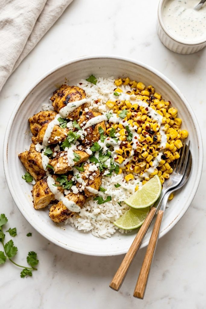Protein packed street corn chicken bowl with smoky spiced chicken charred corn fluffy rice and creamy cilantro lime drizzle in a white ceramic bowl on a marble surface