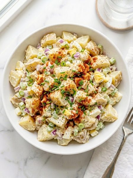 A large white ceramic bowl of sweet Amish potato salad made with tender Yukon Gold potato chunks, diced red onion, green onion, celery, and hard-boiled eggs coated in a rich creamy sweet dressing topped with smoked paprika and fresh chives on a white marble surface