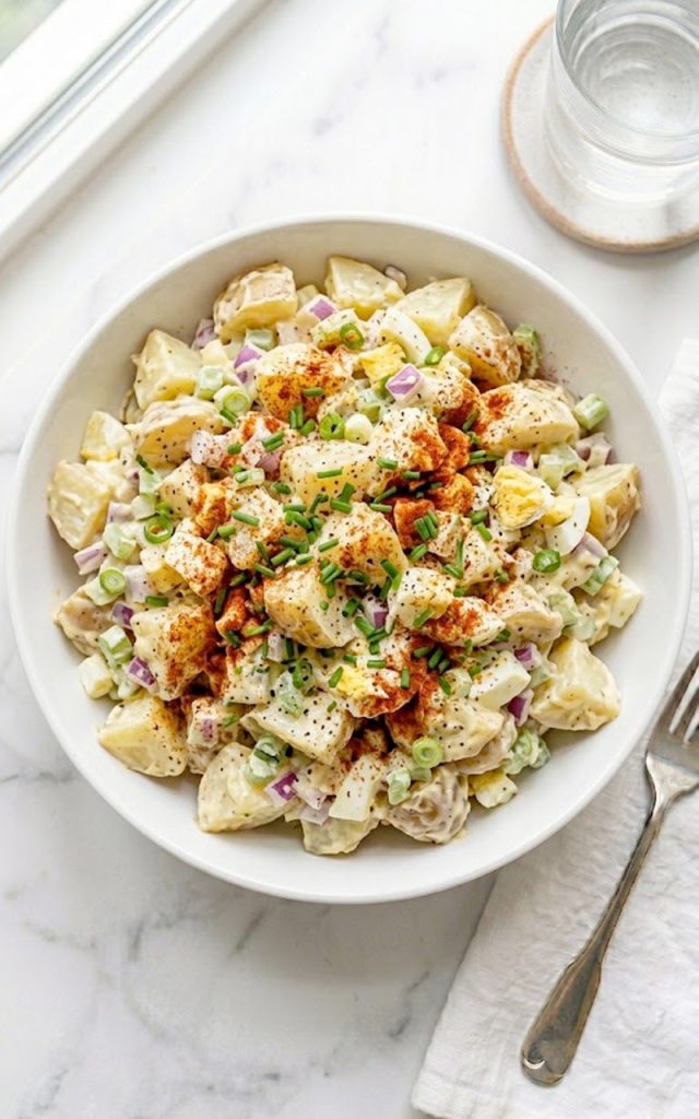 A large white ceramic bowl of sweet Amish potato salad made with tender Yukon Gold potato chunks, diced red onion, green onion, celery, and hard-boiled eggs coated in a rich creamy sweet dressing topped with smoked paprika and fresh chives on a white marble surface