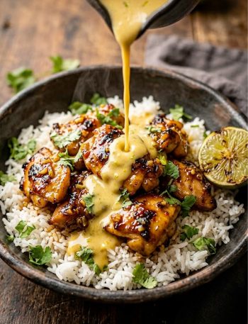 A bowl of sweet chili chicken over jasmine rice with creamy coconut lime sauce being drizzled on top and fresh cilantro garnish