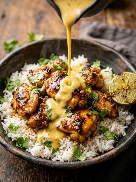 A bowl of sweet chili chicken over jasmine rice with creamy coconut lime sauce being drizzled on top and fresh cilantro garnish