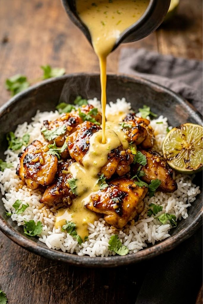 A bowl of sweet chili chicken over jasmine rice with creamy coconut lime sauce being drizzled on top and fresh cilantro garnish
