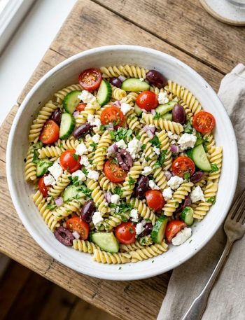 A large bowl of the best pasta salad with rotini, cherry tomatoes, cucumber, kalamata olives, feta cheese, and fresh parsley tossed in a tangy homemade dressing