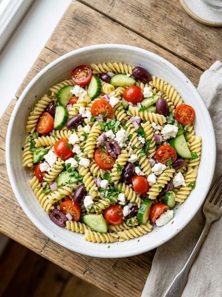 A large bowl of the best pasta salad with rotini, cherry tomatoes, cucumber, kalamata olives, feta cheese, and fresh parsley tossed in a tangy homemade dressing
