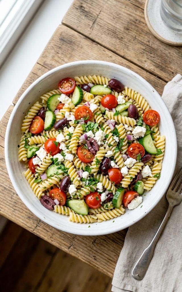 A large bowl of the best pasta salad with rotini, cherry tomatoes, cucumber, kalamata olives, feta cheese, and fresh parsley tossed in a tangy homemade dressing