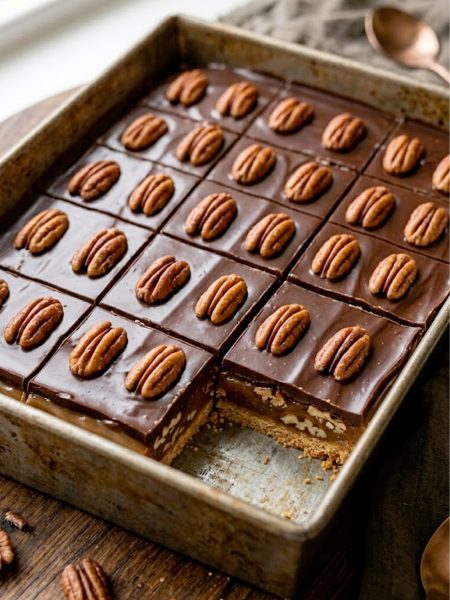 A pan of turtle bars with glossy chocolate topping and whole pecan halves pressed in showing the gooey caramel and graham cracker crust layers