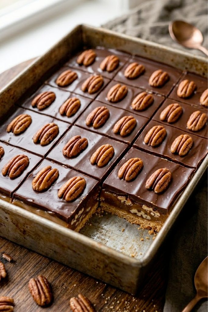 A pan of turtle bars with glossy chocolate topping and whole pecan halves pressed in showing the gooey caramel and graham cracker crust layers