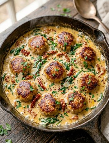 Golden seared Tuscan keto meatballs simmering in a rich creamy spinach and sun-dried tomato sauce in a cast iron skillet