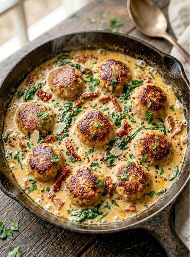 Golden seared Tuscan keto meatballs simmering in a rich creamy spinach and sun-dried tomato sauce in a cast iron skillet