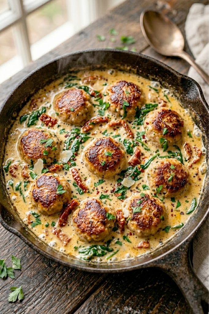 Golden seared Tuscan keto meatballs simmering in a rich creamy spinach and sun-dried tomato sauce in a cast iron skillet