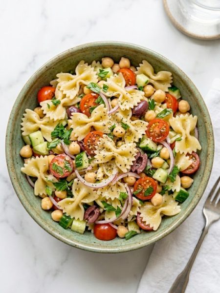 A large ceramic bowl filled with vegan Greek pasta salad made with farfalle pasta, chickpeas, cherry tomatoes, cucumber, kalamata olives, and red onion tossed in a bold lemon herb dressing