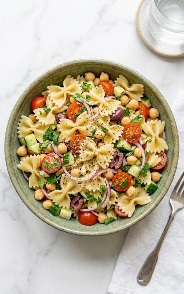 A large ceramic bowl filled with vegan Greek pasta salad made with farfalle pasta, chickpeas, cherry tomatoes, cucumber, kalamata olives, and red onion tossed in a bold lemon herb dressing