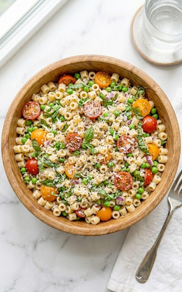 A large wooden bowl filled with vibrant ditalini pasta salad loaded with halved cherry tomatoes, green peas, fresh basil leaves, diced red onion, and Parmesan cheese tossed in a light creamy Italian dressing on a marble surface