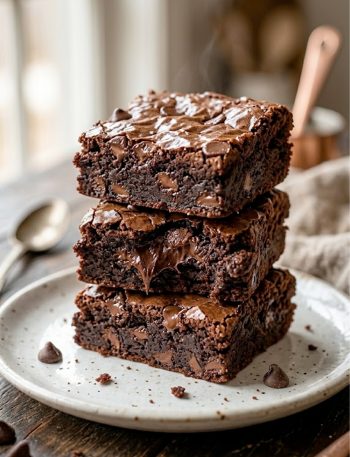 A stack of fudgy zero sugar brownies with Greek yogurt on a white plate showing their rich chocolate interior and crinkly top