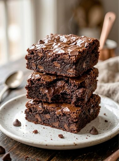 A stack of fudgy zero sugar brownies with Greek yogurt on a white plate showing their rich chocolate interior and crinkly top